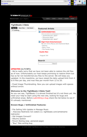 Cropped Wayback screenshot derivative of the January 2007 TightBeatz 2 beta page with an old contact line blurred